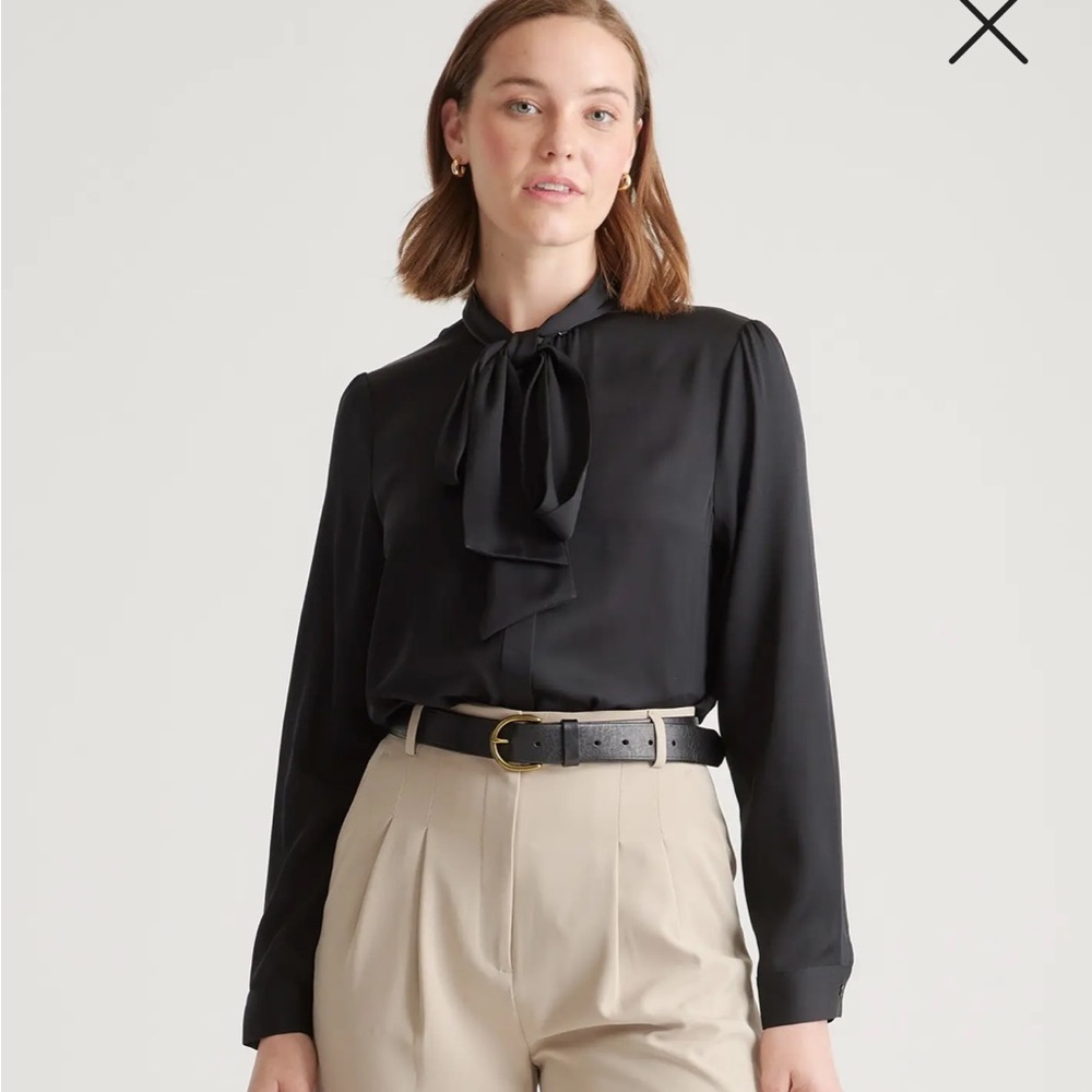 Quince Washable Stretch Silk Tie Neck Blouse